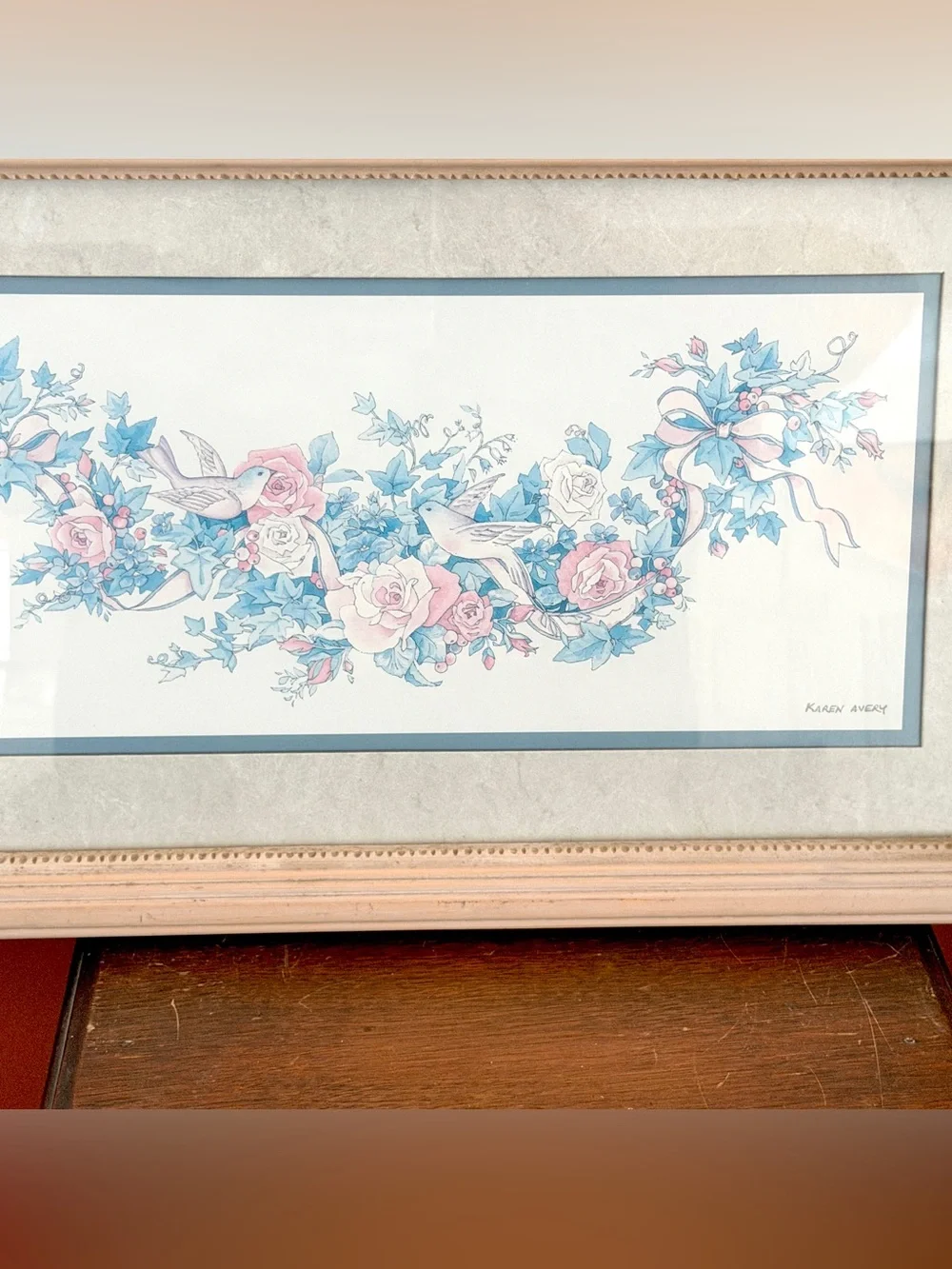 Vintage Dove & Roses Print Artwork Framed Matted Art Karen Avery Cottagecore